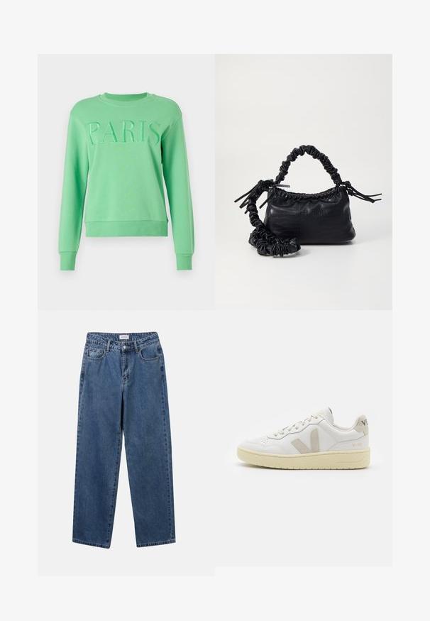 Sweatshirt verde menta com um logótipo texturizado 'PARIS', decote redondo, mangas longas e punhos e bainha canelados. Feito de um tecido suave.; Jeans de denim azul clássicos com um design de perna reta, cinco bolsos e fecho de botão. Apresenta um tratamento médio e uma textura resistente.; Sapatilha de couro branca com detalhes em camurça bege, biqueira perfurada, atacadores planos e sola texturizada creme. Apresenta uma marcação subtil no calcanhar.; Bolsa de mão em couro sintético preto com textura de crocodilo, topo franzido e alça enrugada. Apresenta um design suave e compacto.