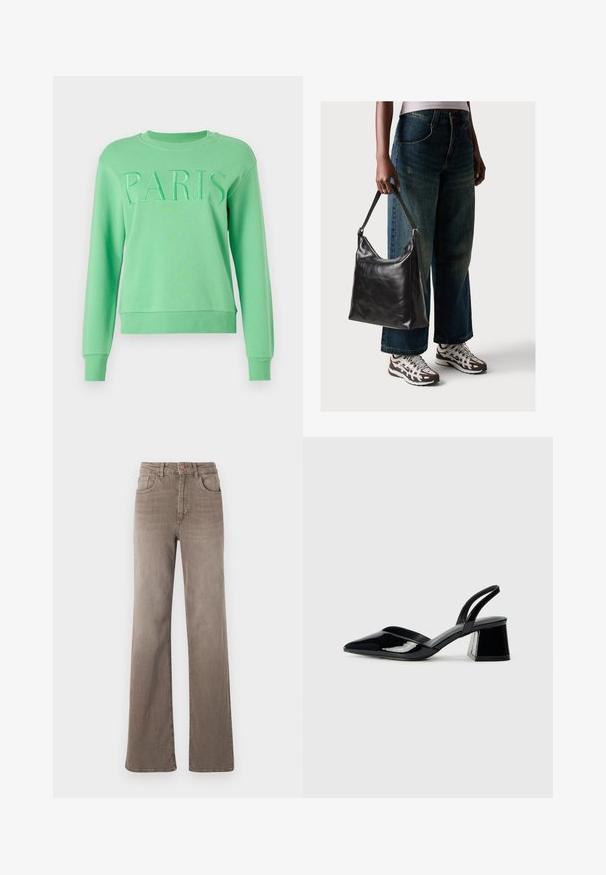 Mätne zelená mikina s textúrovaným logom 'PARÍŽ', okrúhlym výstrihom, dlhými rukávmi a rebrovanými manžetami a lemom. Vyrobená z mäkkej látky.; Hnedé high-waist rovné džínsy so zapínaním na prednej strane, pútkami na opasok a klasickým dizajnom s piatimi vreckami na bielom pozadí.; Čierne lakované kožené sandálové podpätky s špicatou špičkou a geometrickým blokovým podpätkom. Disponujú elegantným, minimalistickým dizajnom a hladkým povrchom.; Čierna kožená taška cez rameno s hladkou textúrou a nastaviteľným popruhom, skombinovaná s vyblednutými širokými džínsy a športovými teniskami.