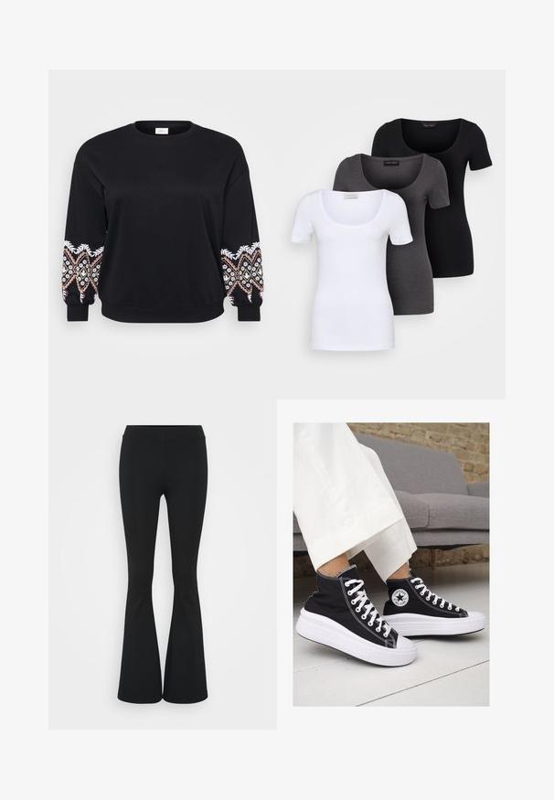 Crna dukserica s okruglim izrezom. Dugi rukavi s intrikatnim vezom u bijelom, ružičastom i žutom na manžetama. Mekani materijal.; Tri fitted T-shirtovi u bijeloj, sivoj i crnoj boji. Svaki ima široki izrez na vratu i kratke rukave. Napravljen od glatkoga, rastezljivog materijala.; Crne trapezaste hlače od rastezljivog materijala, sa visokim pojasom i glatkom teksturom. Hlače se šire od koljena.; Crne platnene visoke tenisice s bijelim gumiranim potplatima i vezicama. Imaju kružni logo sa strane i kontrastne bijele šavove.