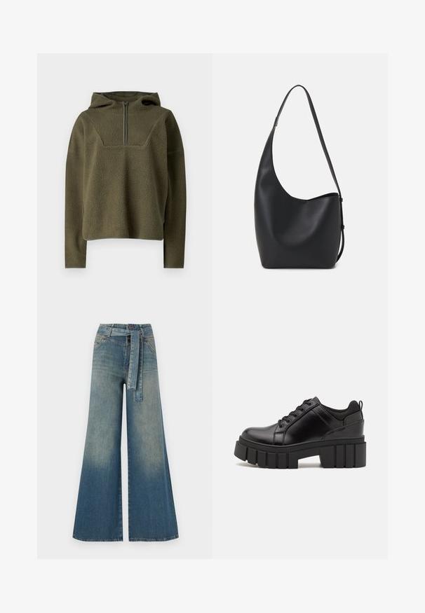 Olivovo zelený polarový pulóver s kapucňou, polovičným zipsom vpredu, textúrovanou látkou a kontrastným lemom na spodnom okraji a manžetách.; Džínsy s širokými nohavicami, ktoré majú prechod od svetlomodrej po tmavomodrú, vysoký pás, pútka na opasok a opasok z rovnakého materiálu. Textúrovaný denimový povrch.; Čierne kožené platformy s masívnym blokovým podpätkom, okrúhlou špičkou a tradičným šnurovaním. Má hladký povrch a minimálne detaily.; Čierna kožená hobo taška so hladkou textúrou, zakriveným tvarom a jedným nastaviteľným popruhom; má široké otvorenie na vrchu.