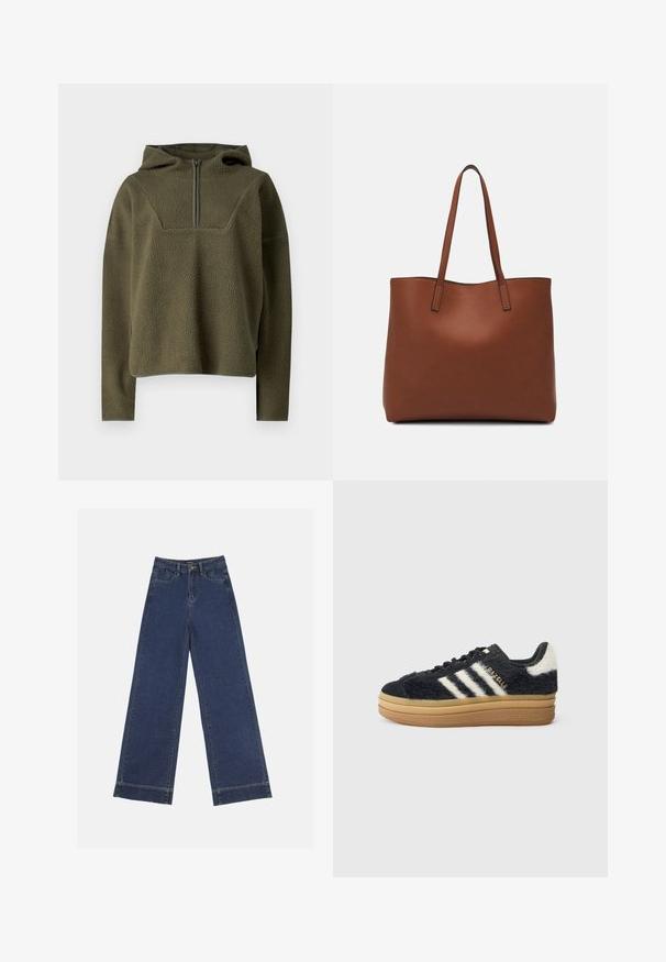 Olivinės spalvos švelnus megztinis su gobtuvu, pusiau užtrauktuku priekyje, tekstūruota medžiaga ir kontrastingas apdailos kraštas prie apačios ir rankovių.; Plati džinsai tamsiai mėlynos denimo. Yra penki kišenės, diržo kilpos ir apatinė briauna su matomais siuvimo detalėmis.; Juodi plaukoti sportbačiai su baltais raštais ir auksinėmis užrašais, turintys storą guminį padu ir tekstūruotą viršų. Papuošti puriu užnugariu.; Ruda odinė priekabų krepšys su glotnia tekstūra, atviru viršumi ir dviem petnešomis. Su minimalia siuvimo detalėmis ir nematoma aparatūra.