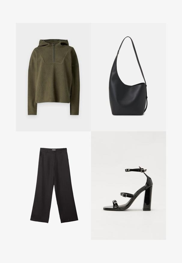 Olivově zelený fleecový pulovr s kapucí, poloviční zip vpředu, texturovaná tkanina a kontrastní lemování na spodním okraji a manžetách.; Černé široké kalhoty vyrobené z hladké tkaniny, s předním zipem a dvěma bočními kapsami, s dobře padnoucím střihem a minimalistickým designem.; Černé lakované sandály na vysokém podpatku se dvěma pásky se sponami, čtvercovou špičkou a robustním blokovým podpatkem, s hladkou, lesklou texturou.; Černá kožená hobo taška s hladkým povrchem, zakřiveným tvarem a jedním nastavitelným popruhem; má široké otevírání nahoře.