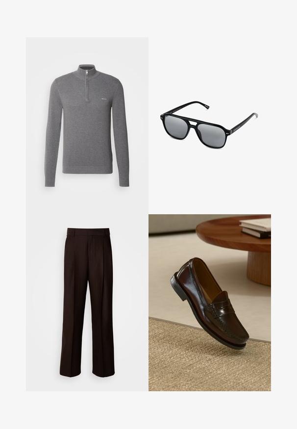 Szary, długi sweter z długim rękawem, z kołnierzem na pół zamek, z teksturowanym wzorem dzianiny oraz małym logo na lewej piersi.; Brązowe spodnie o prostym kroju, z przodu plisą, gładką fakturą i klasycznym paskiem w talii. Idealne na formalne okazje.; Brązowe skórzane mokasyny o błyszczącym wykończeniu, z przeszyciem z przodu i niskoprofilową czarną gumową podeszwą.; Czarne okulary przeciwsłoneczne z prostokątnymi oprawkami, szarymi soczewkami i wycięciem w mostku. Gładki, błyszczący materiał plastikowy, z wąskimi zausznikami.