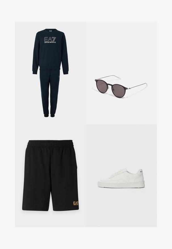 Tamsiai mėlynas džemperių ir kelnių komplektas su EA7 Emporio Armani logotipu. Džemperis turi apvalų kaklo iškirpimą, ribotas rankogalius ir apačią; kelnės siaurėjančios.; Juoda sportinė šortai, pagaminti iš minkštos medžiagos, su elastingu diržu ir maža geltona EA7 logo apatinėje kairėje kojoje.; Balti odiniai sportiniai bateliai su lygia apdaila, apvaliu pirštu, plokščiais raišteliais ir tekstūruotu padu. Pasižymi subtiliu logotipu ant kulno.; Juodos apvalios saulės akinių su tamsiais lęšiais ir plonomis metalinėmis šakomis. Įtraukti skaidrūs šventyklų galai ir sidabriniai akcentai vyrio srityje. Minimalistinis dizainas.