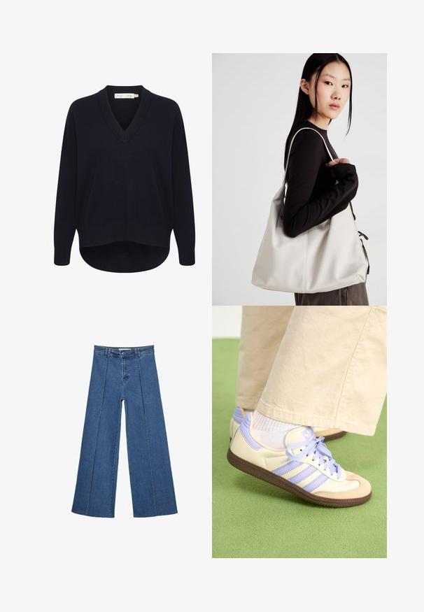Námořnický svetr s výstřihem ve tvaru V a dlouhými rukávy, volný střih a zakřivený lem. Vyrobeno z měkké, texturované tkaniny, s minimálním množstvím štítků.; Džíny s širokými nohavicemi v středně modré barvě, se zvýšeným pasem, knoflíkovým zapínáním a kontrastními vertikálními švy vpředu.; Krémové a levandulové tenisky se třemi pruhy a texturovanou hnědou podrážkou, vybavené tkaničkami a polstrovanou patou. Měkký textilní svršek.; Beige kabelka vyrobená z měkkého materiálu, s volným designem, prošívanými detaily a dvěma ramenními popruhy. Vhodná pro každodenní použití.