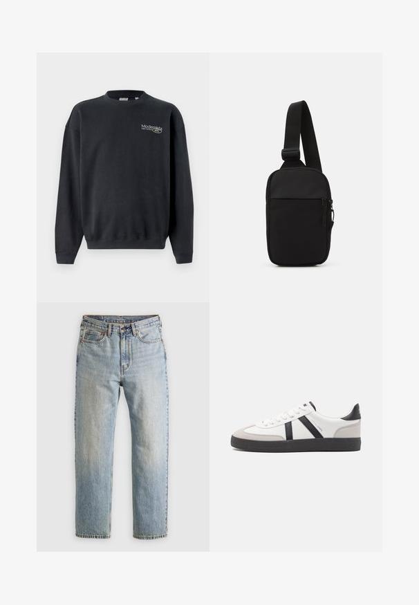 Must have mustris sweatshird, mille ääres ja varrukaotsades soonikkoes. Selles on väike kergelt värvitud logo ja lõdvema istuvuse disain.; Heledad hele sinine teksapükste kõrge vöökoht, ees nupuga, lukuga ja viie taskuga disain, asetatud tasasele neutraalsele taustale.; Valged tossud mustade ja hallide aktsentidega, tekstureeritud halli varbakattega, musta kummitald ja lamedad valged paelad. Puhtad jooned, minimalistlik stiil.; Mustmust crossbody kott mustekangast, millel on üks reguleeritav rihm, lukuga põhiosas ja eesmine tasku.