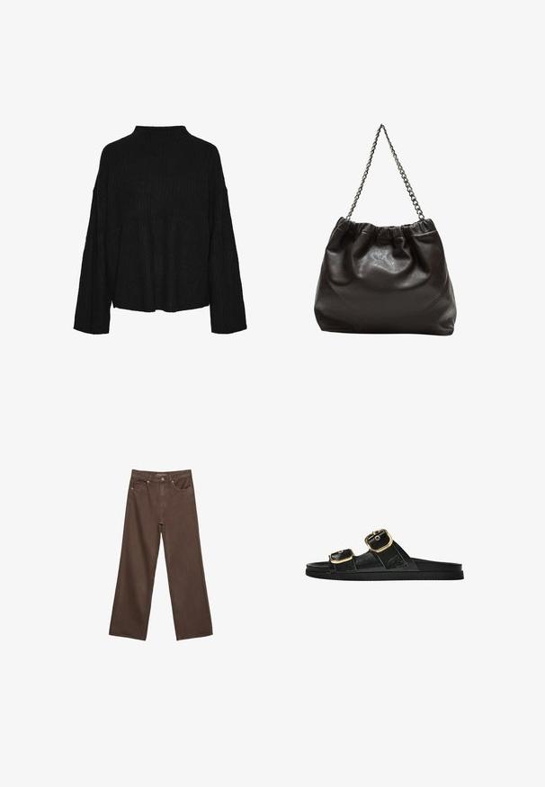 Pieces Stickad tröja - black; Breda bruna jeans i denim med hög midja, framfickor och klassisk knäppning. Slät textur med subtil sömnad.; Svart glidsandal med två guldfärgad spännen, slät textur av material, platt sula och en minimalistisk design.; Brun läderväska med rynkad topp och kedjesnodd. Slät textur med en blankslipad yta och subtila sömdetaljer på sidorna.