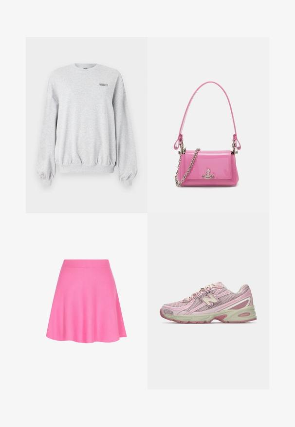 Svetlošedá mikina s dlhým rukávom, ribbovanými manžetami a lemom, malým čiernym logom "ROSIE" a emblémom Puma na ľavej hrudi.; Ružová pletená sukňa s priliehavým pásom a rozšíreným strihom, vyrobená z jemnej látky, ktorá pridáva hladkú textúru.; Ružová a béžová teniska New Balance 740 so sieťovinovým a syntetickým zvrškom, šnurovaním a polstrovanou podrážkou, zobrazená z bočného profilu.; Ružový lesklý kožený kabelka s obdĺžnikovým tvarom, odnímateľným reťazovým popruhom a striebornými kovovými detailmi na prednej strane.