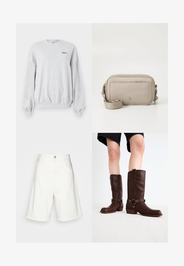Lys grå langermet genser med ribbede mansjetter og kant, lite svart "ROSIE"-logo og Puma-emblem på venstre bryst.; Hvite denimshorts med høy midje, med knappelukking foran, to sidelommer og en avslappet passform. Glatt tekstur uten synlige mønstre.; Brune lærknesko med rund tå, teksturert overflate, ankelrem og detaljer i sølv; stablet hæl.; Beige crossover bag med en glatt nylonutsida, dragkedjestängning, justerbar rem och en framficka med en diskret logodetalj.