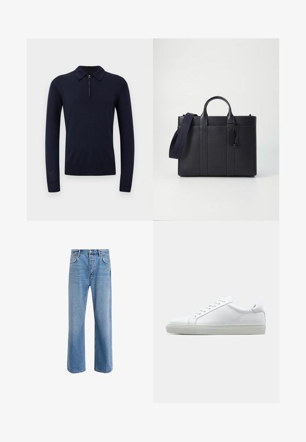 Tengerészkék kötött polo pulóver cipzáros gallérral, hosszú ujjakkal, bordás mandzsettával és illeszkedő szegéllyel. Sima textúra minimalista kialakítással.; Világoskék farmernadrág, egyenes szárú fazonnal, öt zsebbel, gombos záródással, minimális kopással és kontrasztos varrással.; Fehér sportcipő sima bőr felső résszel és alacsony profilsal. Kerek orr, hat fűzőlyuk és barázdált gumitalp jellemzi.; Sötét tengerészkék bőr aktatáska, dupla felső fogantyúval és levehető pánttal. Texturált felülettel, függőleges varrással és logó részlettel rendelkezik.