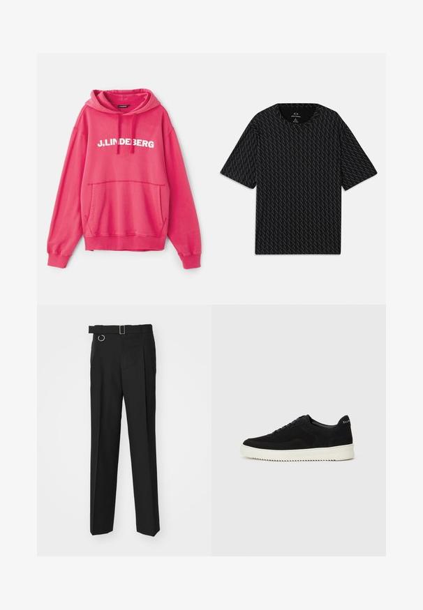 Vaaleanpunainen huppari, jossa on etutasku. Merkin logo "J.LINDEBERG" on selkeästi esillä valkoisena rinnan kohdalla.; Mustat T-paita, jossa on teksturoitu kuvio, jossa vuorottelevat 'A' -logot, lyhyet hihat ja pyöreä pääntie. Valmistettu kevyestä kankaasta.; Études LOOSE SUIT PANT - Puvunhousut - black; Mustat mokkakengät nauhoilla ja kontrastivalkoisella kumipohjalla. Varustettu teksturoiduilla sivupaneeleilla ja huomaamattomalla brändäyksellä kantapäässä.