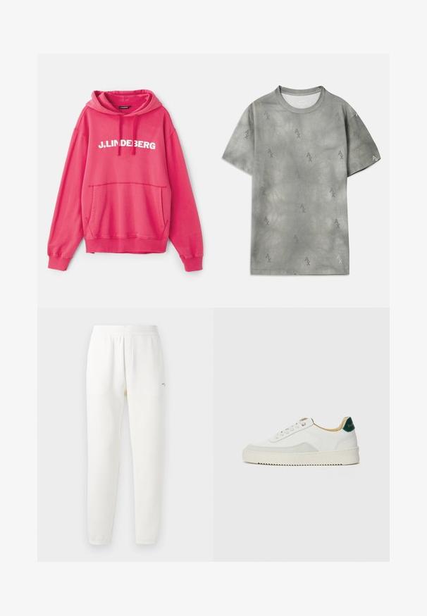 Felpa rosa con cappuccio, dotata di tasca frontale. Il logo del marchio "J.LINDEBERG" è ben visibile in bianco sulla parte anteriore.; T-shirt in cotone grigio con un sottile motivo a logo AX, scollo rotondo, maniche corte e vestibilità rilassata. Tessuto liscio con uno stile leggermente sbiadito.; Pantaloni da tuta bianchi realizzati in tessuto morbido, con vita elastica, gambe affusolate e un piccolo logo sul lato sinistro.; Sneaker bianco con accenti in camoscio, punta rotonda, lacci piatti e suola in gomma crema. Presenta un marchio verde sul tallone.