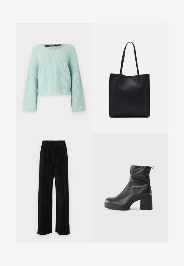 Šviesiai mėtų žalumos trumpas megztinis su V formos iškirpte, ilgomis rankovėmis ir tekstūruota mezgimo medžiaga. Turinti laisvą siluetą ir minkštą išvaizdą.; Juodi plisuoti kelnės su elastine juosta. Turėkite plačias kojas ir glotnų, tekstūrinį audinį su vertikaliais dryžiais.; Juodos kulkšninių botai, pagaminti iš lygaus odos, su šoniniu užtrauktuku, masyviu tekstūruotu kulnu ir apvaliu pirštu.; Juodas odinis tote krepšys su lygia tekstūra, stačiakampio formos ir dviem ilgais rankenomis. Matomų metalinių detalių ar puošybos nėra.