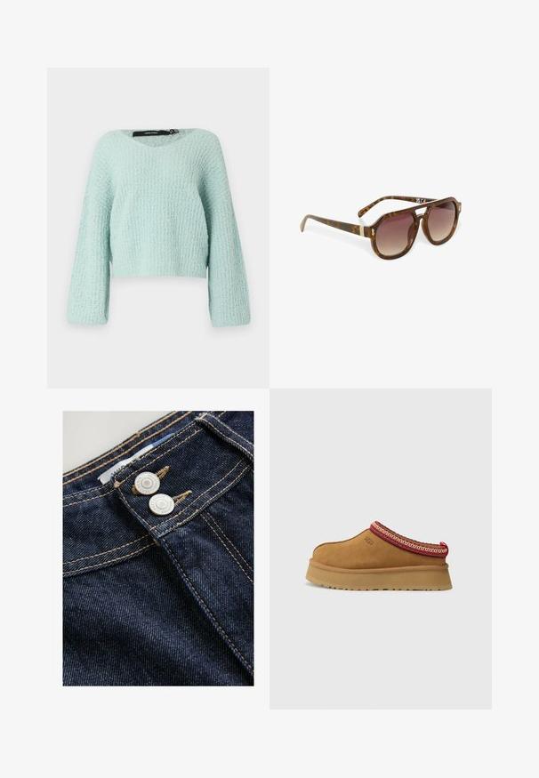 Svetle mint zelena kratka jopica z V-izrezom, dolgimi rokavi in teksturirano pletenino. Ima ohlapen kroj in mehak videz.; Temno modri jeansi iz denima prikazujejo bližnji pogled na pas z dvema kovinskima gumboma, kontrastnim zlatim šivom in teksturirano površino tkanine.; Rjavi suede natikači z rdečo in smetano obrobo z vzorcem, teksturiranimi podplati in logotipom UGG na strani. Imajo rahlo povišano platformo.; Želve barve sončna očala z degradiranimi lečami, angularna oblika in zlatimi detajli na ročajih, z elegantno, sijajno površino.; Rjava usnjena torba s dvema ravnima ročajema, pravokotne oblike, gladke teksture in embosiranim logotipom spredaj.