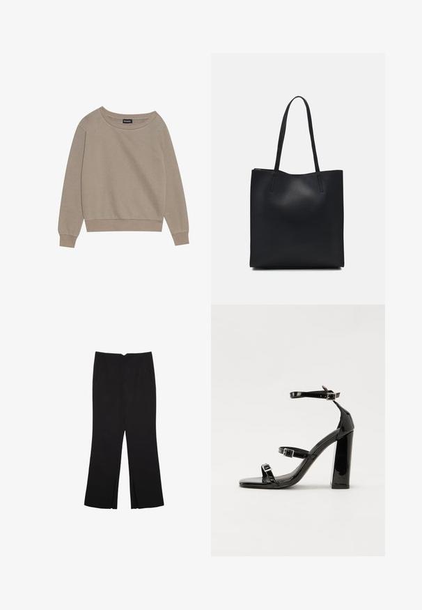 Felpa beige a maniche lunghe con scollatura ampia e polsini a coste. Tessuto morbido, vestibilità rilassata, presenta cuciture minime e nessun motivo.; Pantaloni neri a gamba dritta, con tasche frontali e spacchi laterali all'orlo. Realizzati in tessuto morbido e liscio. Adatti a diverse occasioni.; Sandali con tacco in vernice nera, con punta squadrata, cinturini alla caviglia e fibbie in argento. Presentano un tacco a blocco spesso per maggiore stabilità.; Borsa tote in pelle nera con texture liscia, forma rettangolare e due manici lunghi. Nessun hardware o decorazione visibile.