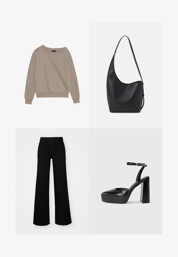 Beige long-sleeve sweatshirt with a wide neckline and ribbed cuffs. Soft fabric, relaxed fit, features minimal seams, and no patterns.; Black wide-leg pants made of denim, featuring a structured waistband, belt loops, and front pockets. Smooth texture with a classic design.; Black platform heels with a pointed toe and adjustable ankle strap. Constructed from smooth leather, featuring a chunky block heel.; Black leather hobo bag with a smooth texture, curved shape, and single adjustable strap; features a wide opening at the top.
