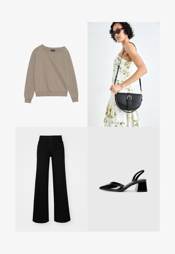 Beige sweatshirt met lange mouwen, een wijde halslijn en geribbelde manchetten. Zachte stof, relaxte pasvorm, beschikt over minimale naden en geen patronen.; Zwarte wijdvallende broek van denim, met een gestructureerde tailleband, riemlussen en voorzakken. Glad van textuur met een klassiek ontwerp.; Zwarte gepatineerde leren slingback hakken met een spitse neus en een geometrische blokhak. Kenmerkt zich door een slank, minimalistisch ontwerp en een gladde textuur.; Zwarte leren handtas met een gebogen vorm, afneembare schouderband en gouden hardware. De tas heeft een klep met een gespsluiting.
