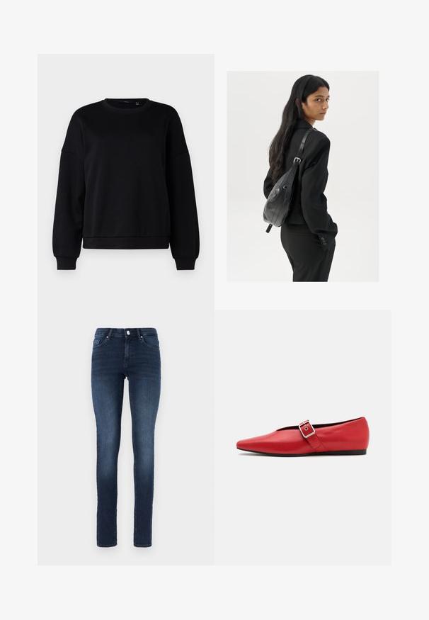 Svart hettegenser, rund hals, drop shoulders, ribbekanter ved ermer og bunn, glatt tekstur, løs passform, minimalistisk design uten mønstre eller grafikk.; Hvit ermeløs tanktop laget av ribbet stoff, med rund hals og en tettsittende silhuett, med minimale sømmer og ingen dekorasjoner.; Mørkeblå skinny jeans laget av denim, med en klassisk fem-lommers design, knappestang og subtil fading på lårene.; Røde lærflatsko med spiss tå, med en sidespenne med metallspenne og en lav svart hæl. Glatt tekstur gjennom hele skoen.; Kvinne med langt mørkt hår iført et svart jakkesett, som bærer en svart skinn skulderveske, og ser over skulderen mot en hvit bakgrunn.