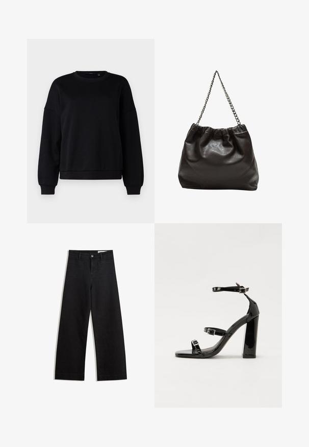 Crna dukserica, okrugli izrez, snižena ramena, rebrasti rubovi i podstave, glatka tekstura, širok kroj, minimalni dizajn bez uzoraka ili grafike.; Crne široke traperice s visokim strukom, s prednjim i stražnjim džepovima, šivenim šavovima i kopčanjem na gumb. Glatka tekstura.; Crne lakirane sandale na pete sa kvadratnim nosom, trakama oko gležnja i srebrnim kopčama. Imaju čvrst blok petu za stabilnost.; Smeđa kožna torba s naboranim vrhom i lančićem za nošenje. Glatka tekstura s sjajnim završetkom i suptilnim šavnim detaljima sa strane.