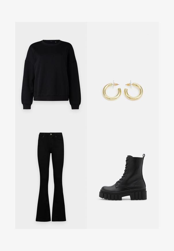 Mustvalg, ümmargune kaelus, langevad õlad, ribakujulised varrukate ja hemmi servad, sile tekstuur, lahtine lõige, minimalistlik disain ilma mustrite või graafikata.; Mustad kõrge vöökohtadega teksad, millel on nööp ja lukuga sulgemine, esikäe taskud ja laienevad sääred, asetatud tasasele valgele taustale.; Must mustaanklid mustast nahast, paksu ja soonilise tallaga, sidumisena esiotsaga ja tõmbevahega, suvalisel valgel taustal.; Kuldne rõngassõrmused sileda ja läikiva viimistlusega. Ringikujuline disain, millel on väike post ja selge tagumine külg, et tagada kindel kandmine.