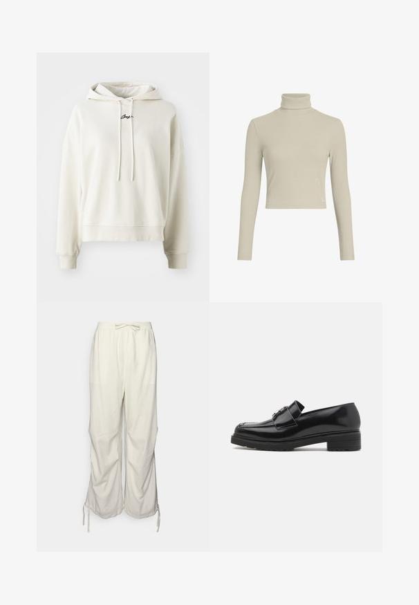 Sudadera color crema, material de algodón, corte relajado, capucha con cordón, puños y dobladillo acanalados, logo bordado en el pecho.; Top de manga larga de cuello alto en color beige claro con un diseño ajustado. Presenta una etiqueta de logo sutil en el dobladillo. Textura suave.; Pantalones de mezcla de lino en color blanco roto con cintura elástica, cordón y aberturas laterales en el dobladillo para un ajuste ajustable.; Mocasín de cuero negro pulido con tacón bajo, puntera cosida y detalle de hebilla de metal en la parte superior, mostrado en perfil lateral sobre fondo blanco.
