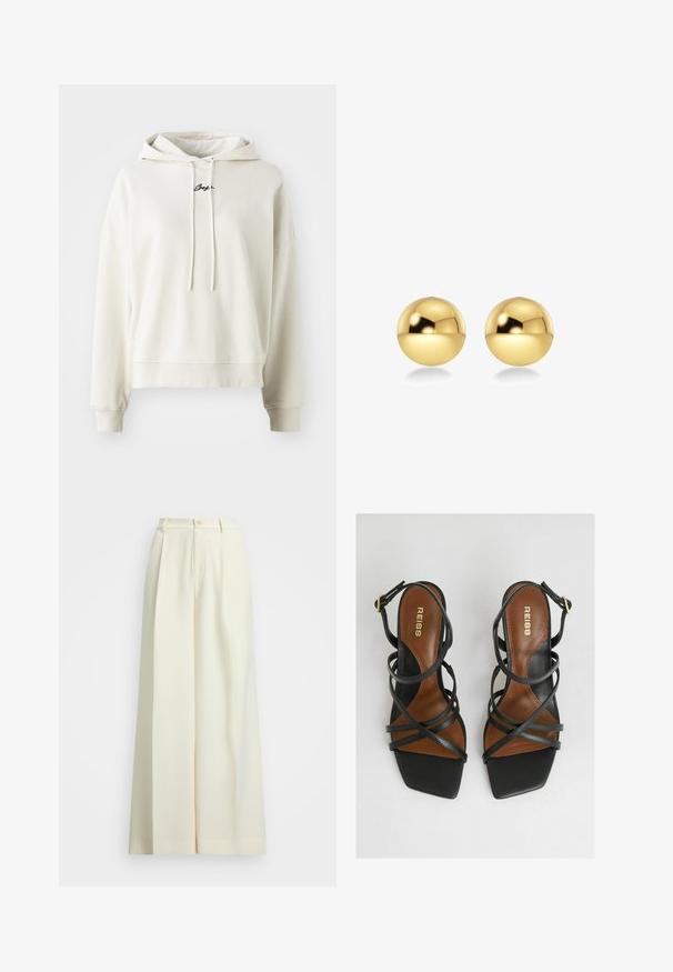 Hoodie v kremni barvi, bombažni material, sproščen kroj, kapuca na vrvico, žeblji in spodnji rob s rebrastim zaključkom, vezen logotip na prsih.; Hlače širokih nogavic iz ofsajd belega blaga, z visokim pasom, dvema plisama in gumbnim zapiranjem. Gladka tekstura in krojen design.; Črne petne sandale z več ozkimi trakovi, kvadratnim konicem, rjavim notranjim delom in zlatim detajlom z zaponko na trakovi okoli gležnja.; Zlate okrogle uhane z sijočo, odsevno površino. Oblika je preprosta in gladka, kar ustvarja sodoben, minimalističen videz.