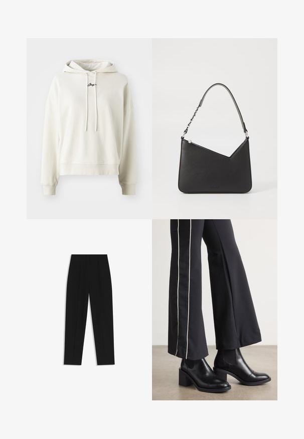 Kremowa bluza z kapturem, materiał bawełniany, luźny krój, sznurki w kapturze, ściągacze przy rękawach i u dołu, haftowane logo na klatce piersiowej.; Czarne spodnie o prostym kroju, z podwójnymi zakładkami, gładką teksturą i klasycznym krojem w talii. Bez widocznych elementów metalowych ani akcentów.; Czarne skórzane botki za kostkę na słupku, z elastycznymi panelami po bokach. Połączone z czarnymi spodniami z białym paskiem po boku.; Czarna skórzana torebka o trójkątnym kształcie, z cienkim paskiem i srebrnymi elementami. Posiada zamek błyskawiczny oraz wytłoczone logo z przodu.