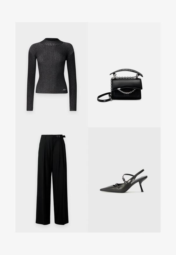 Schwarzer, langärmeliger, gerippter Pullover mit metallischen Fäden, Rundhalsausschnitt, taillierte Silhouette und dezente Logodetails am Saum.; Schwarze weit geschnittene Hosen mit hoher Taille, Falten an der Vorderseite und einem Gürtel mit Schnalle. Hergestellt aus glattem, leichtem Stoff.; Schwarzlederne Slingback-Absätze mit spitzer Zehenform, schlankem Absatz und dekorativem Schnallendetail auf dem Blatt. Glatte Textur und elegantes Design.; Schwarze Lederhandtasche mit strukturiertem Design, Ketten- und Henkelakzenten sowie einer strukturierten Oberfläche. Verfügt über einen Klappverschluss mit sichtbarem Branding.