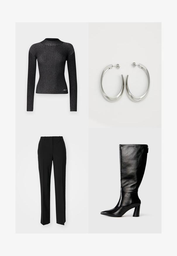 Maglione nero a maniche lunghe con lavorazione a coste e filato metallico, collo rotondo, silhouette aderente, con un sottile dettaglio del logo sull'orlo.; Pantaloni neri su misura con un design a gamba dritta, caratterizzati da una texture liscia e pieghe ben definite sul davanti. Senza hardware visibile.; Stivale in pelle nera, alto fino al ginocchio, con punta affusolata, superficie liscia e tacco spesso. Presenta un dettaglio con zip sul retro.; Orecchini a cerchio argentati con un design liscio e curvo. Presentano una finitura metallica lucida e una chiusura a perno. Nessun motivo o accentuazione visibile.