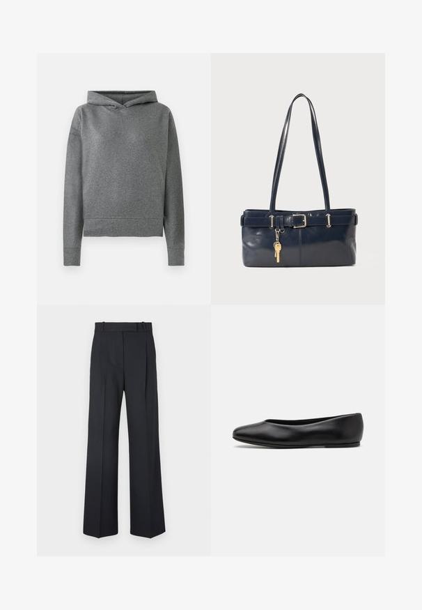 Szary sweatshirt z kapturem wykonany z miękkiej, teksturowanej tkaniny. Posiada sznurek do ściągania, długie rękawy i lekko krótką, luźną sylwetkę.; Ciemnoniebieskie spodnie w paski z wysokim stanem, szerokimi nogawkami i bez widocznych elementów metalowych lub ozdób. Gładka tekstura i dopasowany krój.; Paul Smith TOPANGA czarny; Granatowa skórzana torebka z dwoma długimi uchwytami, detalem w postaci klamry oraz dołączonym breloczkiem. Charakteryzuje się gładką teksturą i prostokątnym kształtem.