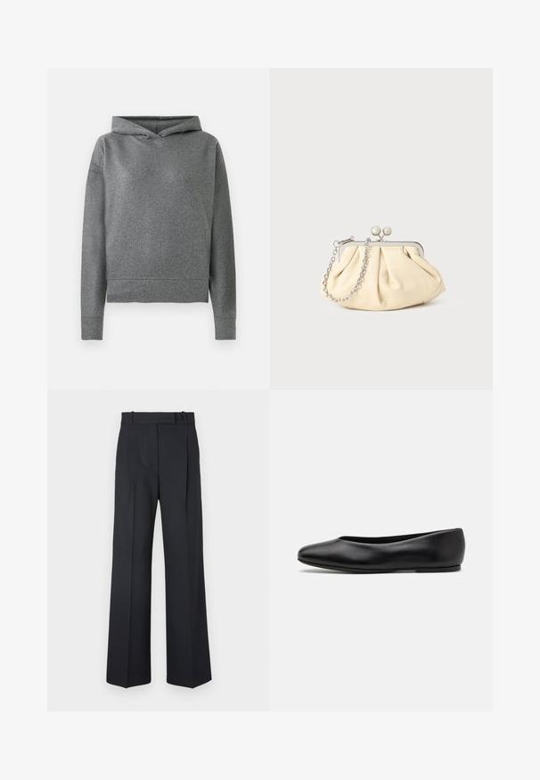 Sudadera gris hecha de una suave tela texturada. Cuenta con una capucha con cordón, mangas largas y un corte ligeramente recortado y holgado.; Pantalones oscuros de rayas con un diseño de cintura alta y pierna ancha, sin hardware o adornos visibles. Textura suave y ajuste entallado.; Paul Smith TOPANGA - Bailarinas - black; Clutch de cuero beige plisado con un marco de metal plateado, que cuenta con dos broches decorativos redondos y una correa de cadena plateada.