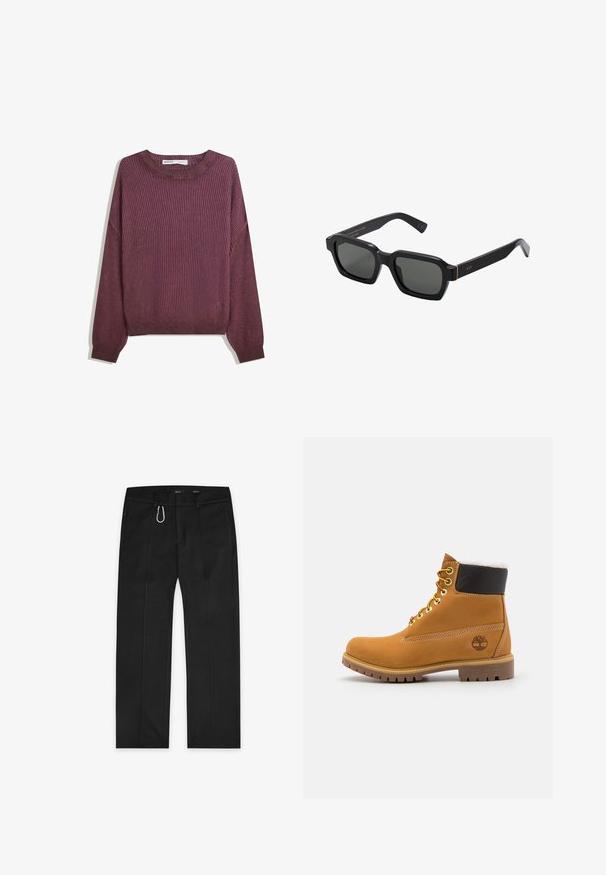 Maroon ribbed sweater dengan lengan panjang, leher bulat, dan potongan santai. Kain bertekstur dengan variasi warna yang halus.; Mustat housut, jotka on valmistettu kudotusta kankaasta, suora lahkeiden muotoilu, kaksi sivutaskua, etuvetoketju ja ulkoinen lenkkidetail.; Ruske nahkasaapad ankle-moodi, metallist silmadega, valge karvase voodriga, musta pehmendusega kaeluse ja läbilöökide tald. Kotiriide logo on küljes.; Mustat, neliönmuotoiset aurinkolasit harmailla linsseillä. Paksuista muovikehyksistä löytyy kultaisia yksityiskohtia ja brändäystä temppeleissä. Sileä pinta.