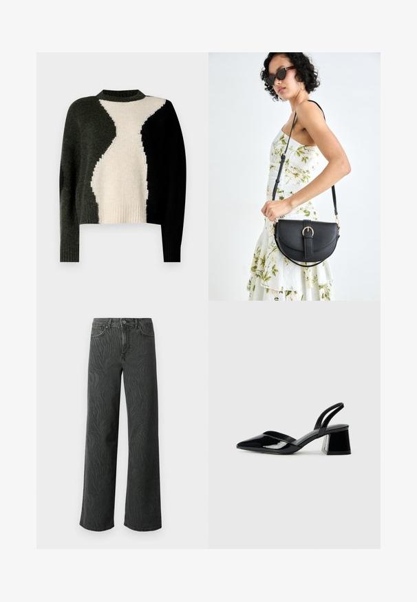 Pletený svetr s barevným blokem v černé, tmavě zelené a krémové barvě. Kulatý výstřih a ribbovaný lem. Měkká textura, volný střih.; Široké džíny z tmavě šedého denimového materiálu, s jemnou texturou zebřího vzoru, kontrastním prošíváním a pěti kapsami s knoflíkovým zapínáním.; Černé lakované kožené lodičky na pásku s špičatou špičkou a geometrickým blokovým podpatkem. Vyznačují se elegantním, minimalistickým designem a hladkým povrchem.; Černá kožená kabelka s křivkovým tvarem, odnímatelným popruhem a zlatými detaily. Kabelka má klopu s přezkou.
