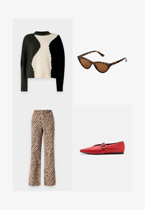 Kootud särk, millel on musta, tumeroheline ja kreemika värvi plokke sisaldav disain. Ümmargune kaelus ja soonik. Pehme tekstuur, vabalt olev lõige.; Laiad püksid tigeristriipe mustris pruunides ja mustades toonides, standardse vöökohaga ja viie taskuga disainiga.; Punane nahast lameda tallaga king, millel on terav nina, külje peal rihm metallklambriga ja madal must konts. Ühtlane sile tekstuur.; Kassi vormiga prillid musta ja oranži kilpkonnakujulise raami, pruunide läätsede ja elegantsete teravate otstega. Templi juures on minimaalne logo.