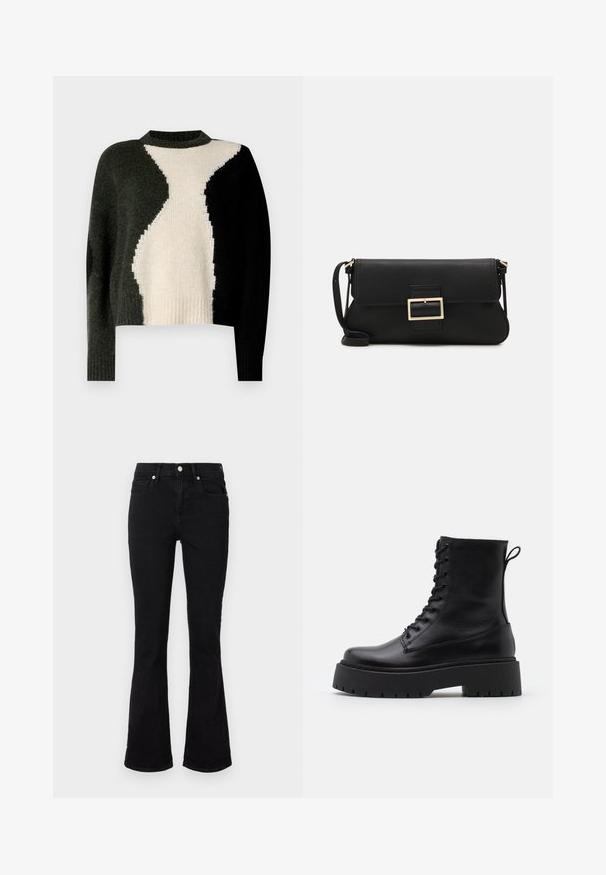 Pulover din tricot cu un design colorat în blocuri de culoare neagră, verde închis și crem. Guler rotund și tiv ribflat. Textură moale, croială lejeră.; Jeanși negri evazați din denim, cu talie medie, buzunare frontale și închidere cu nasture. Textură netedă, cu detalii minime de cusătură.; Botine din piele neagră, până la gleznă, cu vârful rotund, șireturi în față și o talpă groasă din cauciuc cu un model texturat. Fâșie de tragere la spate.; Geantă de mână din piele neagră, cu clapetă și un detaliu din metal auriu. Include o curea neagră și un design elegant, minimalist.