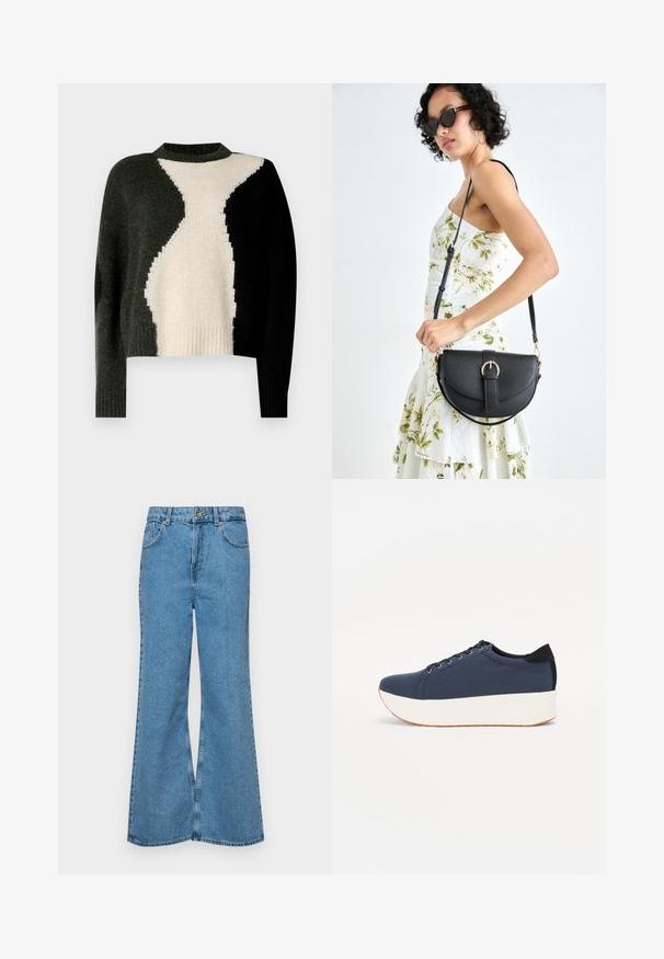 Kootud särk, millel on musta, tumeroheline ja kreemika värvi plokke sisaldav disain. Ümmargune kaelus ja soonik. Pehme tekstuur, vabalt olev lõige.; Heledad sinine flared teksade rõivad, millel on kõrge talje, viis taskut ja üks nupulukk. Pehme tekstuur ja pleekinud viimistlus.; Tumedat sinised tennised tekstureeritud riidest pealispinnaga, valge platvormi tallaga, ümarate varvaste ja musta kontsapaneeliga. Omab kuut silma paelte jaoks.; Mustmust mustraha kõverate joontega, eemaldatava rihmaga ja kuldsete detailidega. Kotil on klapp, millel on pandladetail.