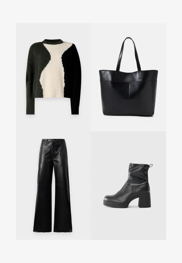 Trikotāža džemperis ar krāsu bloku dizainu melnā, tumši zaļā un krēmkrāsā. Apaļa apkakle un ribotais apakšmalas dizains. Maiga tekstūra, brīvs griezums.; Melnas augstās jostas platajās kājās sintētiskās ādas bikses ar priekšējo pogu, rāvējslēdzēju, jostas cilpām un sānu kabatām uz baltā fona.; Melni potītes zābaki, kas izgatavoti no gludas ādas, ar sānu rāvējslēdzēju, masīvu strukturētu papēdi un noapaļotu purngalu.; Melnas ādas iepirkumu soma ar divām garām rokturām, gludu tekstūru un strukturētu formu. Iekļauj priekšējo kabatu papildu uzglabāšanai.