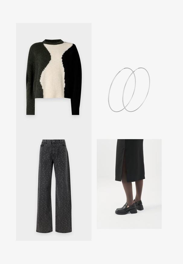 Strickpullover mit einem Farbblockdesign in Schwarz, Dunkelgrün und Creme. Runder Halsausschnitt und gerippter Saum. Weicher Stoff, lockere Passform.; Noisy May NMJANNEL LOOSE - Jeans Relaxed Fit - black denim; Schwarze Lederschuhe mit abgerundetem Zeh, dicker Blockabsatz und elastischen seitlichen Akzenten, kombiniert mit dunklen Strumpfhosen und einem schwarzen Rock mit Schlitz.; Silberne Creolen mit minimalistischem Design. Rundform, glatte Oberfläche und dünnes Profil. Leichtgewichtig mit hochglänzender Oberfläche.