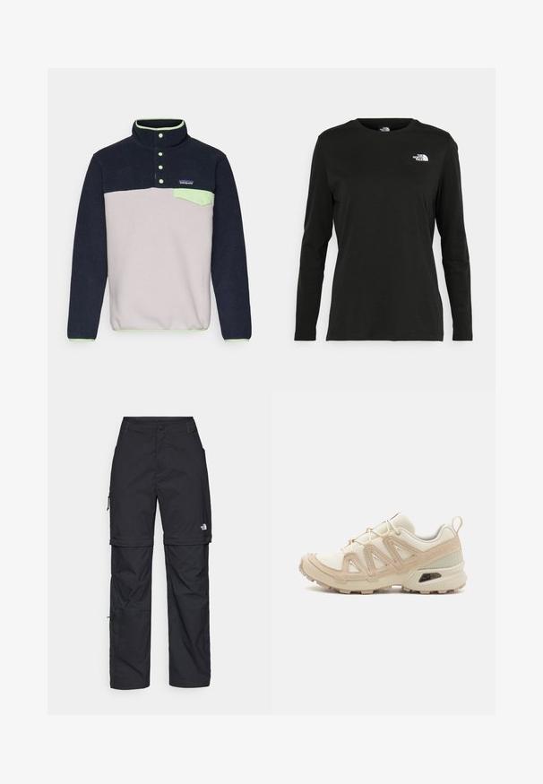 Tumesinise ja helesinise fleece-kampsuni, millel on nupuvärv ja roheline aksent tasku, ning väike logo rinnal. Pehme tekstuur.; Must mustahiheline T-särk, millel on pikad varrukad, valmistatud puuvillast ja ümarast kaelusest. Vasakul rinnal on väike valge logo. Lihtne disain ja sobivus.; Mustad nailonist valmistatud eemaldatavad cargo-püksid, reguleeritavate pahkluudega, mitmete taskutega ja paremal jalal logoga. Sile, kerge tekstuur.; Beež ja koobalti spordijalats tekstureeritud võrkkattega, toetavad ülemised kihid ja kummist tallaga, millel on mustriga joonistus haardeks.