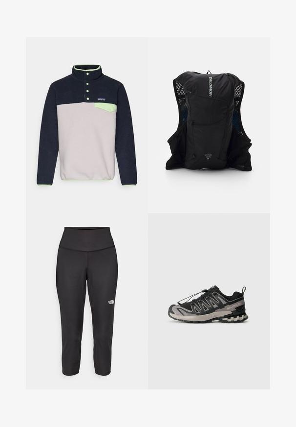 Tumesinise ja helesinise fleece-kampsuni, millel on nupuvärv ja roheline aksent tasku, ning väike logo rinnal. Pehme tekstuur.; Mustad mustad capri retuusid on valmistatud elastsetest kangast, millel on kõrge vöökoht ja väike valge logo vasakul küljel. Sile tekstuur.; Must mustriline ja hallid spordijalatsid, millel on võrgu ülemine osa, kummist põhi ja elastne nööri süsteem. Omab tugevdatud varvaskatet ja tekstuursete aktsentidega detaile.; Mustmustreen jooksuvest, millel on võrkpoolsed taskud, helkuraktsendid ja esine tõmblukk. Kerge kangas, mis on loodud mugavuseks ja õhuringluseks.