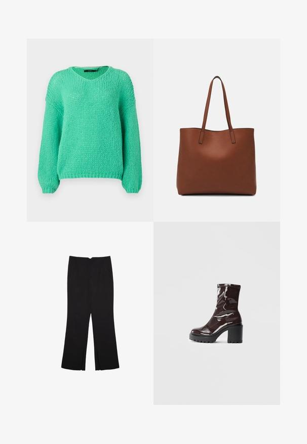 Svetlozeleni, debeli pleteni pulover z V-izrezom, dolgimi rokavi in mehkimi teksturami. Ima sproščen kroj in rebraste manšete.; Črne hlače ravnega kroja z naglavnimi žepi in stranskimi razporki na robu. Narejene iz mehke, gladke tkanine. Primerne za različne priložnosti.; Sijajan škrlatank z bleščečim videzom, z masivnim črnim peto, ki se ponaša z gladko teksturo in preprostim dizajnom. Brez vidnih zapenjal ali vzorcev.; Rjava usnjena torba z gladko teksturo, odprto zasnovo zgoraj in dvema naramnima trakovoma. Opremljena je z minimalnim šivanjem in brez vidnih kovinskih delov.