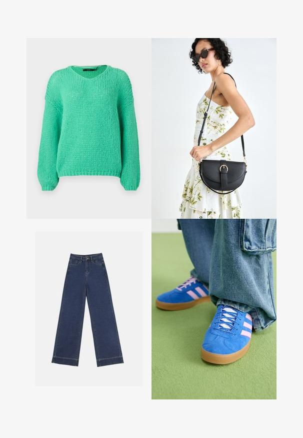 Svetlozeleni, debeli pleteni pulover z V-izrezom, dolgimi rokavi in mehkimi teksturami. Ima sproščen kroj in rebraste manšete.; Široke traperice v temno modrem denimu. Imajo pet žepov, zanke za pas in surov rob na dnu z vidnimi šivi.; Modri semiš čevlji z rožnatimi črtami in belimi vezalkami, z gumijastim podplatom, v kombinaciji z ohlapnimi jeans hlačami na zeleni površini.; Črna usnjena torbica s ukrivljeno obliko, z odstranljivo naramnico in zlatimi dodatki. Torbica ima pokrov s podrobnostmi v obliki zaponke.