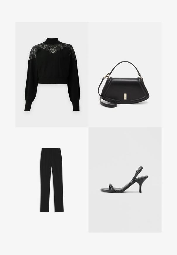 Musta lyhyt neulepaita korkealla kauluksella, jossa on pitsiyksityiskohtia hartioilla ja pitkissä hihoissa. Pehmeä neulekangas.; Mustat räätälöidyt housut suoran lahkeen designilla, joissa on etutaskut ja sileä, teksturoitu kangas. Siistit, minimalistiset yksityiskohdat.; Mustat nahkaiset korkokengät, joissa on hoikka, kaareva korko ja ristiin menevä hihnadesign. Säädettävä nilkkahihna. Silkkinen pinta.; Mustalla nahkalaukulla, jossa on jämäkkä muotoilu, lyhyt malli, yläkahva ja kultaiset yksityiskohdat. Säädettävä olkahihna sisältyy.
