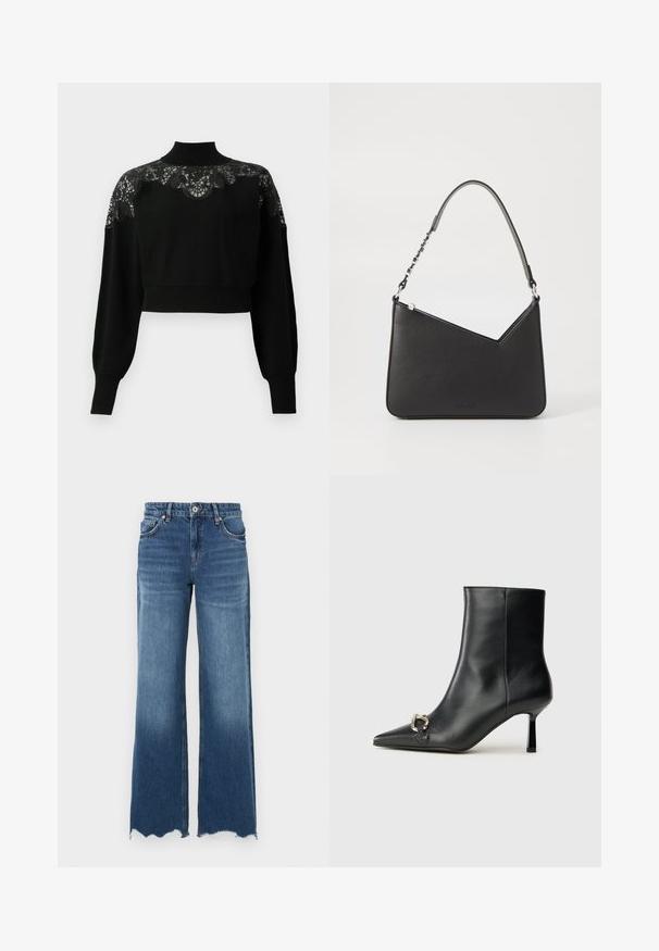 Svart croppet genser med høy nakke, med blonderdetaljer over skuldrene og lange ermer. Myk strikket stoff.; Denim bukser med vidde, i en medium blå vask, med frynsete kant, fem lommer og knappelukking foran.; Sorte lær ankle boot med spiss tå, slank mid-høyde hæl og sølvspenne på siden mot en enkel bakgrunn.; Svart lærveske med trekantet form, en slank stropp og sølvfarget detaljer. Har glidelåslukking og preget logo på forsiden.