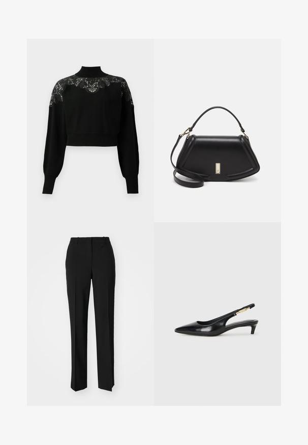 Black cropped sweater with high neck, featuring lace detailing across the shoulders and long sleeves. Soft knit fabric.; Black tailored trousers with a straight-leg design, featuring a smooth texture and crisp creases along the front. No visible hardware.; Black leather slingback heels with a pointed toe, featuring a slim heel and a gold-tone accent on the adjustable strap. Smooth texture.; Black leather handbag with a structured design, featuring a cropped shape, top handle, and gold hardware accent. Adjustable shoulder strap included.