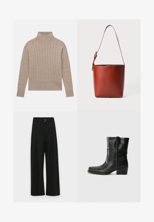 Šviesiai geltonos spalvos viršus su kaklo iškirpte ir ilgomis rankovėmis, su atsikišusiais rankogaliais ir apykakle, ištiestas ant baltos fono.; Juodi platūs kelnių modeliai, pagaminti iš lygaus audinio, su diržu ir sidabrine sagtimi, priekyje su klostėmis ir tiesia apatine briauna.; Juodi odiniai aulinukai iki kulkšnies su apvali nosimi, blokuotais kulnais, šonine užtrauktuku ir siuvimo akcentais ant viršutinės dalies. Lygi tekstūra, klasikinis dizainas.; Raudonos odos kibiro formos rankinė su lygia tekstūra, turinti vieną peties dirželį ir subtilų logotipo akcentą priekyje.