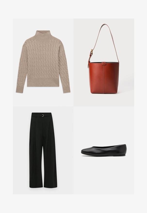 Beige cable-knit turtleneck sweater with long sleeves and ribbed cuffs and hem, laid flat on a white background.; Black wide-leg trousers made of a smooth fabric, featuring a belt with a silver buckle, pleats at the front, and a straight hem.; Paul Smith TOPANGA - Ballet pumps - black; Red leather bucket bag with a smooth texture, featuring a single shoulder strap and a subtle logo accent on the front.