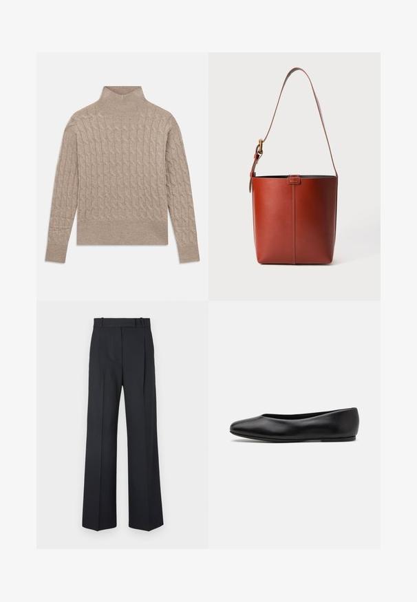 Beige cable-knit turtleneck sweater with long sleeves and ribbed cuffs and hem, laid flat on a white background.; Dark blue pinstriped trousers with a high waist, wide leg design, and no visible hardware or embellishments. Smooth texture and tailored fit.; Paul Smith TOPANGA - Ballet pumps - black; Red leather bucket bag with a smooth texture, featuring a single shoulder strap and a subtle logo accent on the front.