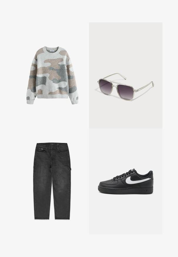 Siv pulover s kamuflažnim vzorcem v odtenkih bež, svetlo sive in temno sive. Ima okrogel izrez in rebraste manšete. Mehka textura.; Črne denim cargo hlače z sproščenim krojem, vidnimi šivi, sprednjimi in stranskimi žepi ter zanke na stegnu za dodatno uporabnost.; Črne Nike Air Force 1 športne copate z gladkim usnjenim zgornjim delom, belim logotipom, perforiranim prstnim delom in teksturiranim gumijastim podplatom.; Sončna očala s prozornim okvirom kvadratne oblike in gradientnimi sivočrnimi lečami. Tanke srebrne podrobnosti na ročajih dodajajo pridih elegance.