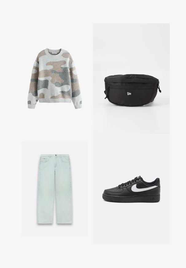 Gray sweater with a camouflage pattern in hues of beige, light gray, and dark gray. Features a round neckline and ribbed cuffs. Soft texture.; Light blue denim jeans with a relaxed, wide-leg fit. Features include two front pockets, a button closure, and minimal detailing.; Black Nike Air Force 1 sneakers with a smooth leather upper, white logo accent, perforated toe, and textured rubber sole.; Black waist bag made of nylon; features a front zipper pocket, adjustable strap, and a logo patch. Rounded shape with a smooth texture.